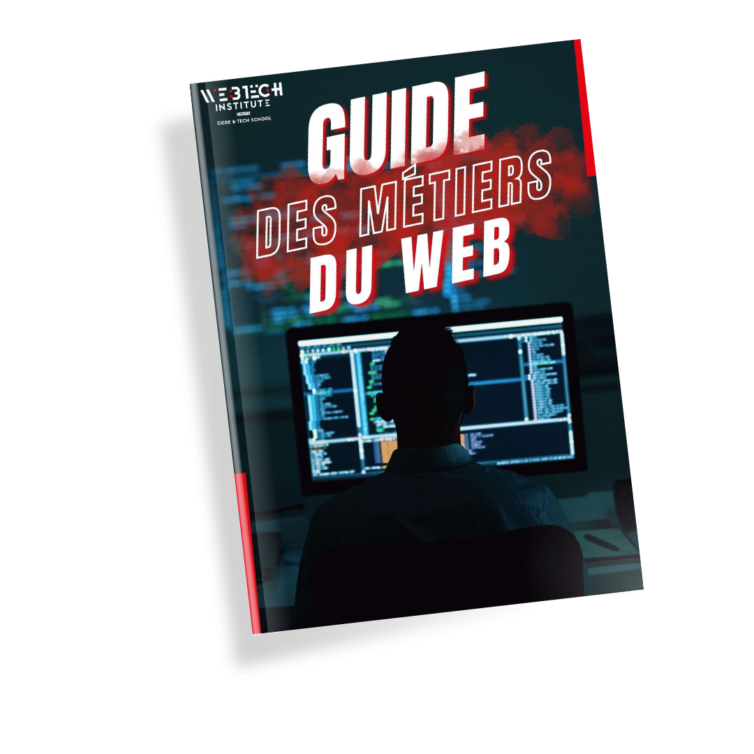 Couverture d'un eBook intitulé 'GUIDE DES MÉTIERS DU WEB' par WEBTECH Institute, montrant une silhouette d'un professionnel devant un écran d'ordinateur avec des codes de programmation